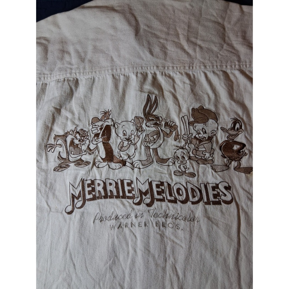 VTG Merrie‎ Melodies Looney Tunes Cream Shirt Shacket Embroidered Men's Medium